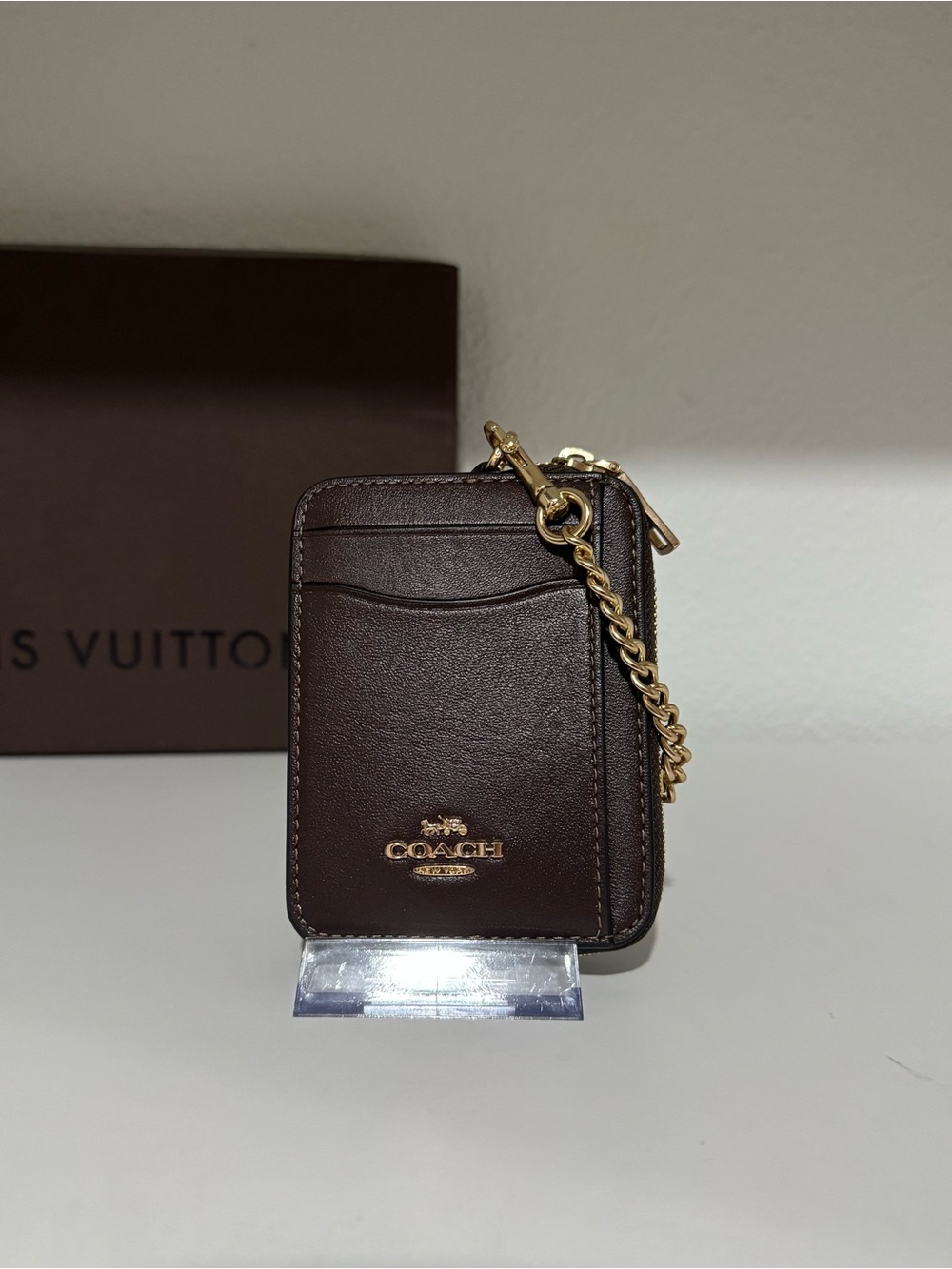Coach Dark Brown Leather Card Case with Gold Chain